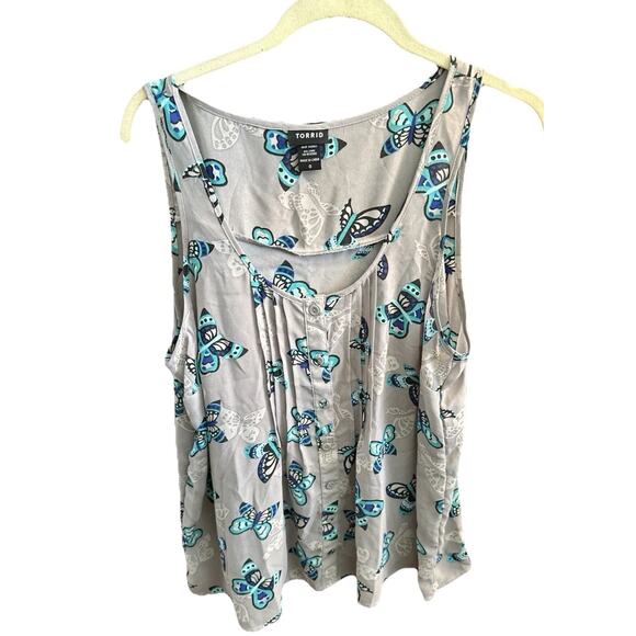 Torrid Women's Plus Gray Tank Top Blue Butterfly Pattern Button Up‎ Size 0 - Picture 1 of 11